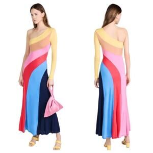 STAUD Dress Serena Maxi One Shoulder Sleeve Colorblock Stripe Capri Multi S